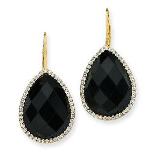 Sterling Silver Gold plated CZ & Black Onyx Leverback Earrings: Jewelry