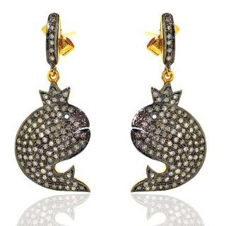 Diamond Pave Fish Drop Earrings 14kt Yellow Gold & Silver Fashion Jewelry: Jewelry