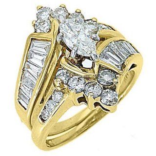 14k Yellow Gold Marquise Baguette Diamond Engagement Ring Bridal Set 2.46 Carats: Wedding Ring Sets: Jewelry