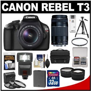 Canon EOS Rebel T3 Digital SLR Camera & 18 55mm IS Lens with 75 300mm Lens + 32GB Card + Battery + Case + 3 Filters + Tripod + Flash + Tele/Wide Lens Kit : Camera & Photo