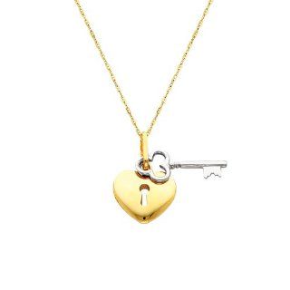 14K Yellow and white Two Tone Gold Key to My Heart Charm Pendant with 1.0mm Anchor Link Mariner Chain Necklace Set   18" Inches: The World Jewelry Center: Jewelry