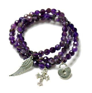 Silver Trendz Set of 3 Stackable Gemstone Amethyst Bead Stretch Bracelet with Love Hope and Peace Charm: Jewelry