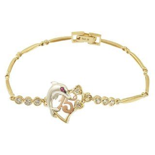 14k Tricolor Gold, 15 Anos Quinceanera Heart Dolphin Bracelet with Lab Created Gems 14mm Wide: Jewelry