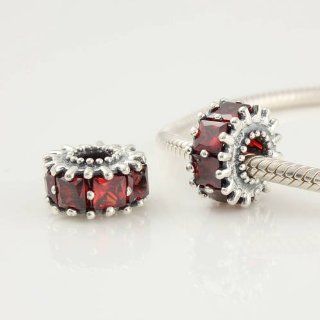Square Ruby Color CZ 925 Sterling Silver Bead July Birthstone for Pandora, Biagi, Chamilia, Troll and More Charm Bracelets: Jewelry