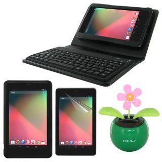Skque® Black Silicone Skin Case Cover Shell + Clear Anti Scratch Screen Protector Films + Black Leather Case Cover with Wireless Bluetooth Keyboard + Green Powered Happy Dancing Solar Flower for Hot Sell Asus Google Nexus 7 Tablet: Computers & Acce