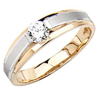 14K Yellow and White Gold Round Top Quality Shines CZ Cubic Zirconia Wedding Band Ring for Men Goldenmine Jewelry
