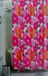 Bright Retro Large Flower Fabric Shower Curtain in Orange, Hot Pink & Raspberry On White With Matching Resin Hook Set  