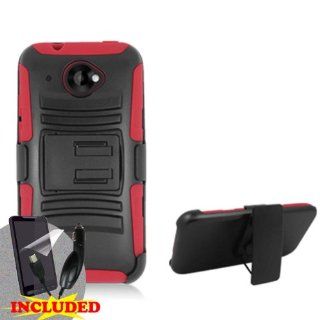 HTC Desire 601 ZARA (Virgin Mobile) 2 Piece Silicon Soft Skin Hard Plastic Kickstand Case Cover w. Belt Clip Holster, Red/Black + SCREEN PROTECTOR & CAR CHARGER: Cell Phones & Accessories