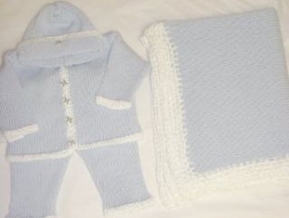 Cpk601bk Hand Machine Knitted Blue Cotton Hand Crochet Finished with White Chenille Cardigan Pant Hat Set and Matching Blanket (6 12mo): Clothing