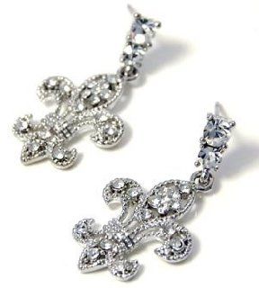 Glamorous Sparkling Crystal Fleur de lis Dangle Silver Tone Earrings for Teens and Women: Jewelry