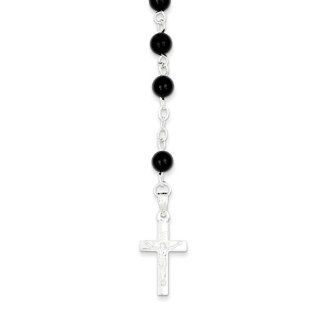Sterling Silver 32in Black Bead Rosary Pendant Necklaces Jewelry
