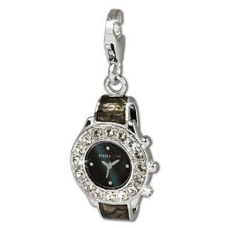 SilberDream Charm black and grey enameled wrist watch with white Zirconia, 925 Sterling Silver Charms Pendant with Lobster Clasp for Charms Bracelet, Necklace or Earring FC657: SilberDream: Watches