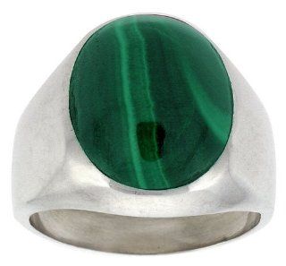 Mens Sterling Silver Large Oval Malachite Ring  9: Jewelry