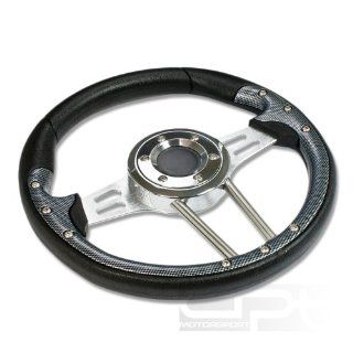 SW T360, 330mm 12.9" Black PVC Leather Carbon Style Trim Silver Spoke 6 Hole Racing Aluminum Steering Wheel with Horn Button: Automotive