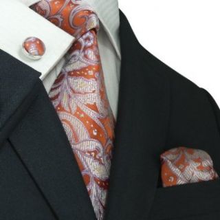 Landisun 635 Bright Orange Paisleys Mens Silk Tie Set Tie+Hanky+Cufflinks at  Mens Clothing store Neckties