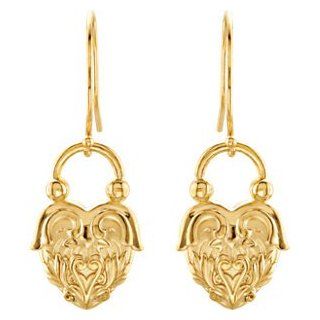 14K Yellow Gold Vintage Inspired Heart Design Dangle Earrings: Jewelry