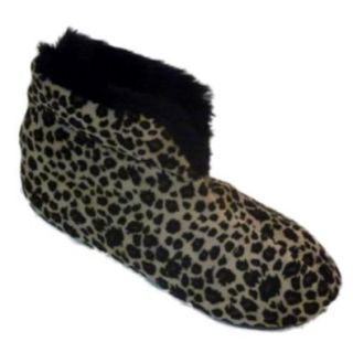 Dearfoams Brown Leopard Velour Boot Slippers Booties House Shoes Black Fur Trim: Shoes