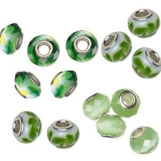 16 Beads Glass 14x8mm with Large 4.5 5mm Hole Silver Plated Brass Silver Lime Green Mix Compatible with Compatible with Pandora, Biagi, Troll, Chamilia, Caprice, Dione Chains, Chain Not Included