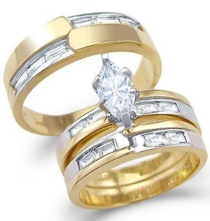 Solid 14k Yellow and White Gold CZ Engagement Wedding His and Hers Trio Three Piece Ring Set: Jewelry