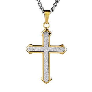 Crucible Men's Gold Plated Stainless Steel Sandblasted Cross Pendant Necklace   24 Inch Curb Chain: Crucible: Jewelry
