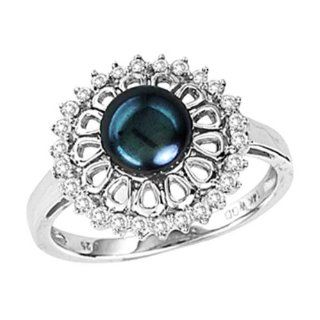 14K White Gold 0.23cttw Lovely Prong Set Halo Style Black Pearl and Round Diamond Fashion Ring: Jewelry
