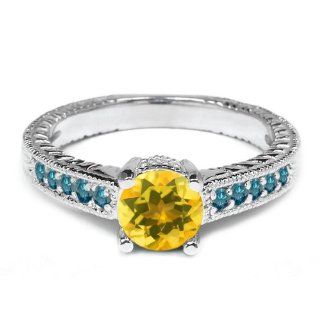 0.87 Ct Round Yellow Citrine Blue Diamond 925 Sterling Silver Engagement Ring: Jewelry