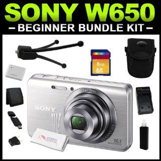Sony Cyber shot DSC W650 16.1 MP Digital Camera with 5x Optical Zoom and 3.0 Inch LCD (Silver) Beginner Bundle Package includes (Charger, Battery, 8GB SD Card, Tripod, Camera Case, Card Reader, Card Wallet & Cleaning Kit) : Flash Memory Camcorders : Ca