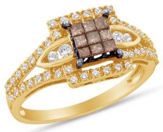 14K Yellow Gold Invisible Set Princess and Round Cut Chocolate Brown and White Diamond Engagement Ring OR Fashion Band   Square Princess Shape Center Setting   (1/2 cttw.) Sonia Jewels Jewelry