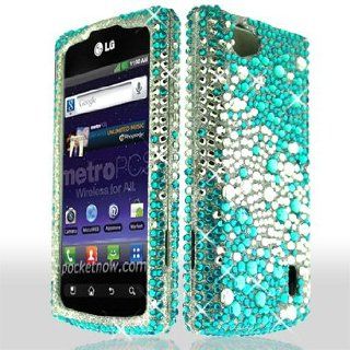 LG Optimus M+ / Plus / MS695 MS 695 Cell Phone Full Crystals Diamonds Bling Protective Case Cover Silver and Blue 2 tone Mix Love Hearts Gemstones Design: Cell Phones & Accessories