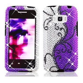 LG Optimus Elite LS696 LS 696 Cell Phone Full Crystals Diamonds Bling Protective Case Cover Silver and Purple with Black Flower Vines Design Cell Phones & Accessories