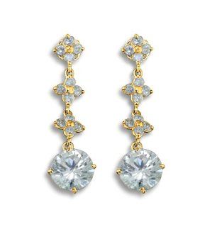 14K Yellow Gold Round CZ Diamond Floral Link Dangling Earrings: Jewelry