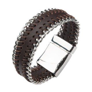 Inox Mens Brown Leather Stainless Steel Curb 8.5" Bracelet BR444: Link Bracelets: Jewelry