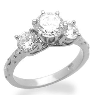 14K White Gold Engagement Ring 2ctw CZ Cubic Zirconia Three Stone Solitaire Ring Jewelry