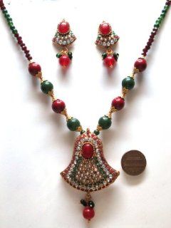 CSYEGQH Burgundy Green Color Faux Garnet Emerald Golden Look 49 gm 3 Pcs Bollywood Necklace Earring Set American Style Set Bargains Women India Indian Bollywood Fashion Jewelry Accessories Z Others: Jewelry