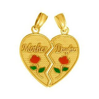 14k Gold Necklace Charm Pendant, Mother Daughter Breakable Heart With Enamel Flo: Million Charms: Jewelry