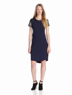 DKNYC Women's Short Sleeve Dress with Faux Leather Sleeves Neck Trim and Curved Hem, Majestic Blue, 12 at  Womens Clothing store: