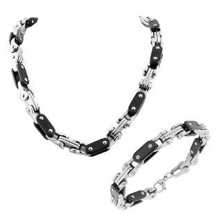 Stainless Steel Silver Black Two Tone Mens Link Chain Necklace and Bracelet Set: My Daily Styles: Jewelry