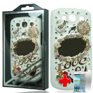 Samsung Galaxy S3 III i9300   2 Piece Snap On 3D Rhinestone/Diamond/Bling Hard Plastic Case Cover, White Swan Mirror Cover + LCD Clear Screen Saver Protector Cell Phones & Accessories
