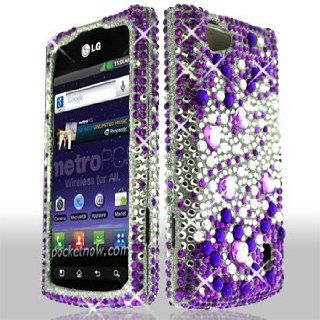 LG Optimus M+ / Plus / MS695 MS 695 Cell Phone Full Crystals Diamonds Bling Protective Case Cover Silver and Purple Mix Love Hearts Gemstones Design Cell Phones & Accessories