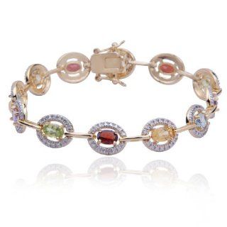 18k Yellow Gold Plated Sterling Silver Multi Gemstone and Diamond Oval Bracelet, 7.25" Jewelry