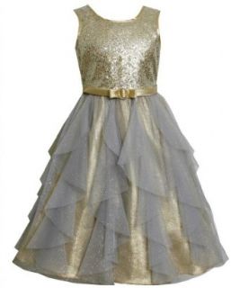 Gold Sequin and Glitter Vertical Cascade Mesh Lame Dress GD4BY Bonnie Jean Tween Girls Special Occasion Flower Girl Holiday BNJ Social Dress, Gold: Clothing