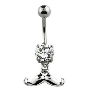 Mustache CZ Belly Button Navel Banana Ring Silver Tone Stainless Steel Prong Setting: Body Piercing Rings: Jewelry
