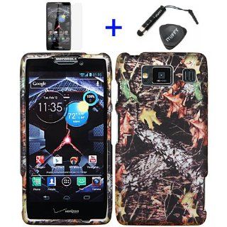 4 items Combo: ITUFFY LCD Screen Protector Film + Mini Stylus Pen + Case Opener + Outdoor Wildlife Leaves Oak Wood Camouflage Design Rubberized Snap on Hard Shell Cover Faceplate Skin Phone Case for Verizon Motorola DROID RAZR MAXX HD XT926M / (will fit RA