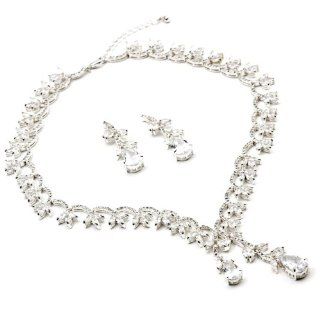 Silver Crystal Cubic Zirconia Teardrop Dangle Earrings & Flower with Stem Leaf Necklace Jewelry Set: Jewelry