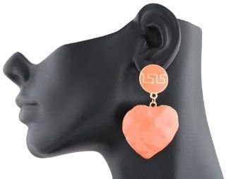 2 Pairs of Peach with Gold Greek Key Design with Danging Rippled Heart Stud Earrings: Jewelry