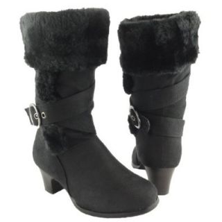 Girls' Faux Fur Collar Mid Calf High Heel Winter Suede Boots Black, 4: Shoes