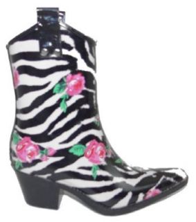 Girls Western Style Rain Boots Zebra with Rose Design from Corkys Size 10 11 SM: Shoes