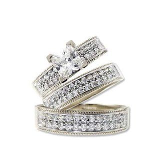 14k White Gold, Trio Three Piece Wedding Ring Set Princess Lab Created Gems: Jewelry