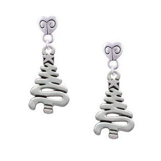 Christmas Tree Zig Zag Silver Scroll Heart Post Earrings: Dangle Earrings: Jewelry