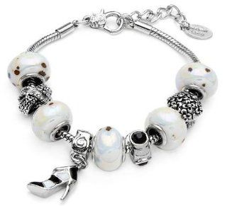 Silvertone Charm Bracelet with 5 Two tone Enamel and Resin Beaded Charms; 4 Fancy Metallic Charms with 4 Genuine Black Crystal Gemstones and a Dangling Two tone Enameled Metallic High Heel Shoe: Not Listed: Jewelry